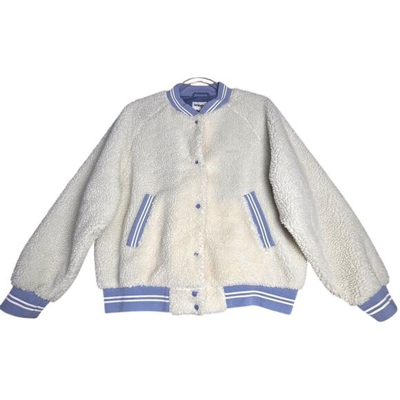 Wrangler Free People Varsity Teddy Sherpa Bomber Jacket Women Sz XL Lined Retro - Picture 2 of 16